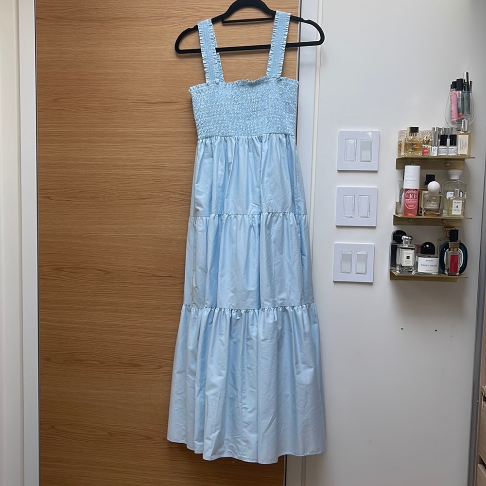 NWOT Zara Blue Cotton Shirred Summer Midi Dress